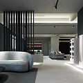 Modern Home Theater Interior With Large Screen TV Gray Sofa Red Armchair Bookshelves And Spotlights