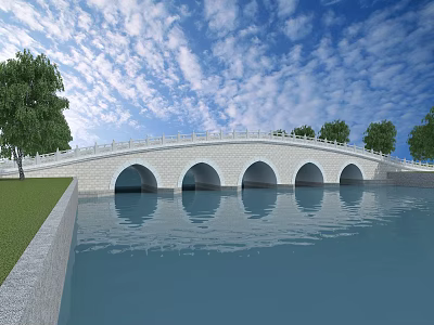 Stone Arch Bridge Over Calm Water With Trees Blue Sky And White Clouds 3d model