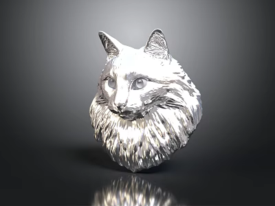 Silver Cat Head Sculpture With Detailed Fur Texture On Dark Reflective Background 3d model