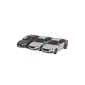 Modern Multi Colored Sedan Cars With Orange Blue Green Stripes And Brand Logos On Body