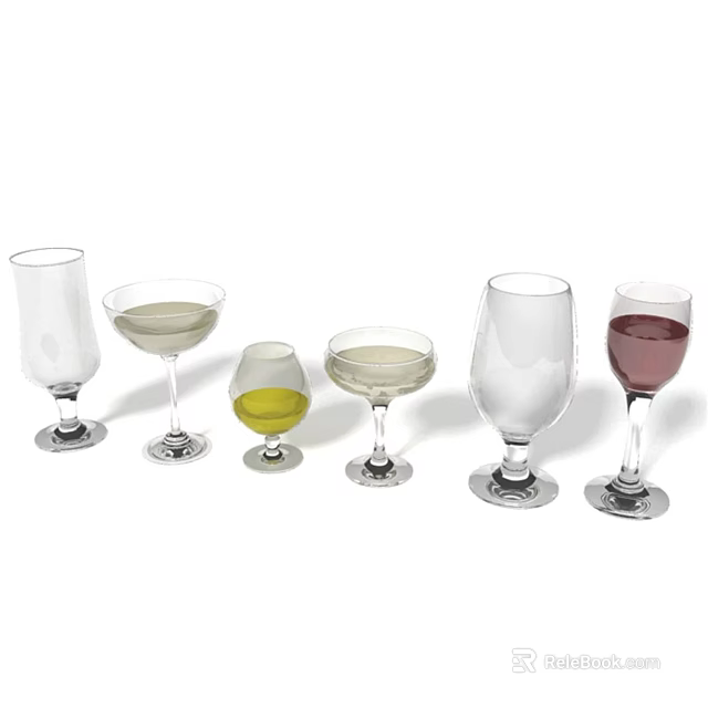 Various Shaped Stemmed Wine Glasses Filled With Different Colored Liquids On White Background 3d model 