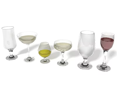 Various Shaped Stemmed Wine Glasses Filled With Different Colored Liquids On White Background 3d model