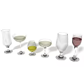Various Shaped Stemmed Wine Glasses Filled With Different Colored Liquids On White Background