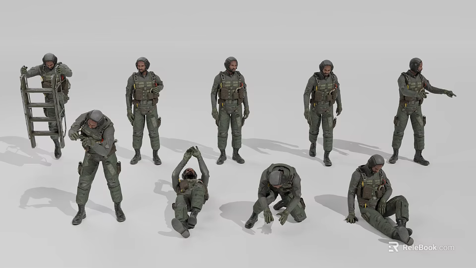 Game And Movie Characters In Military Uniform With Various Standing Crouching And Bending Poses 3d model 