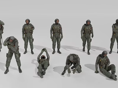 Game And Movie Characters In Military Uniform With Various Standing Crouching And Bending Poses 3d model