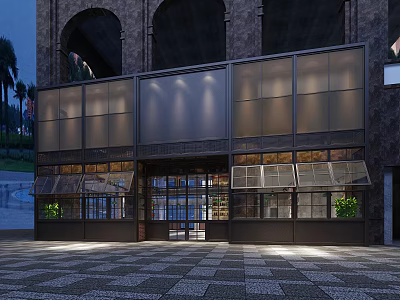Modern Bar Exterior With Large Glass Windows Warm Lighting And Arch Architecture 3d model