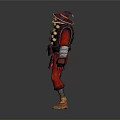 Red Costume Character Wearing Hat Carrying Backpack Standing Against Gray Background
