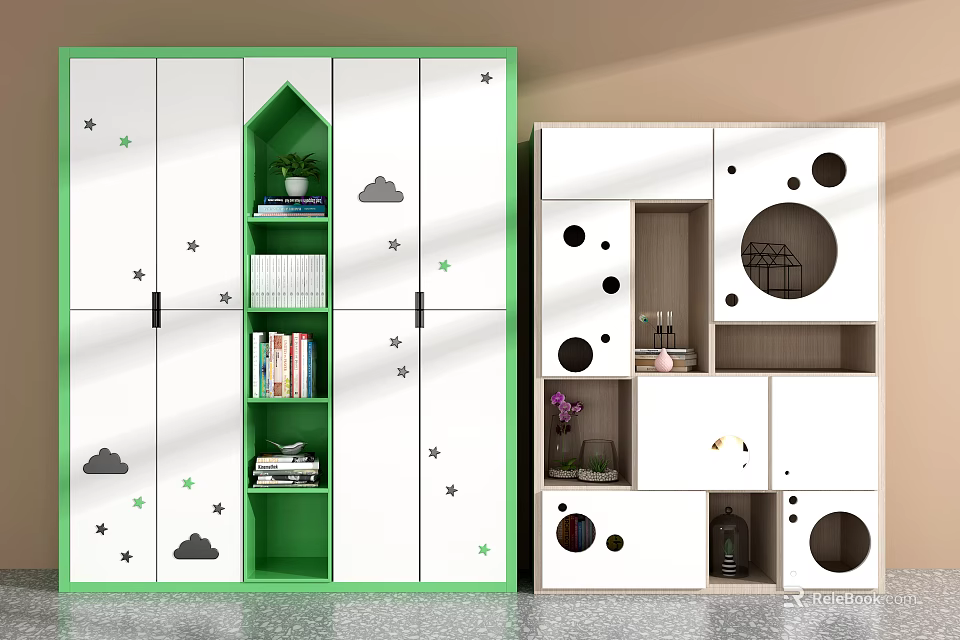 Playful Kids Wardrobe With Star Cloud Patterns Green Storage And Circular Cutout Details 3d model 
