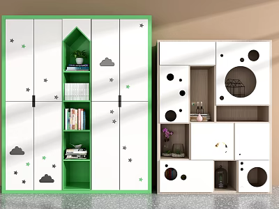 Playful Kids Wardrobe With Star Cloud Patterns Green Storage And Circular Cutout Details 3d model