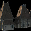 Ancient Architecture with Pointed Roofs and Stone Wooden Structure Medieval Style Towers and Classic Windows