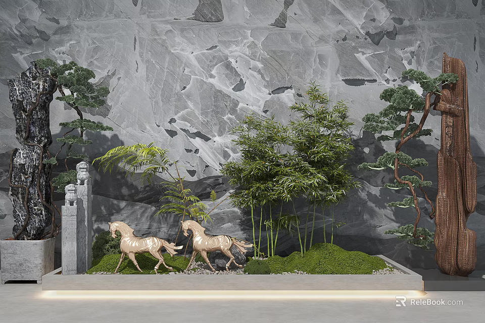 Artistic Garden Decor with Bronze Horse Sculptures Bamboo Plants and Moss Against Stone Wall 3d model 