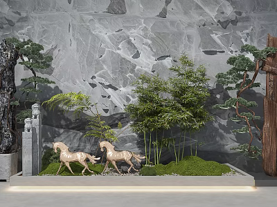 Artistic Garden Decor with Bronze Horse Sculptures Bamboo Plants and Moss Against Stone Wall 3d model