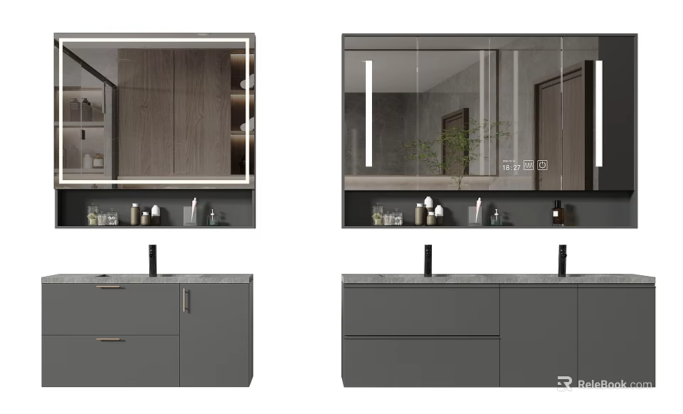 Modern Gray Bathroom Vanity Cabinet With Mirror Sink And Storage Drawers 3d model 