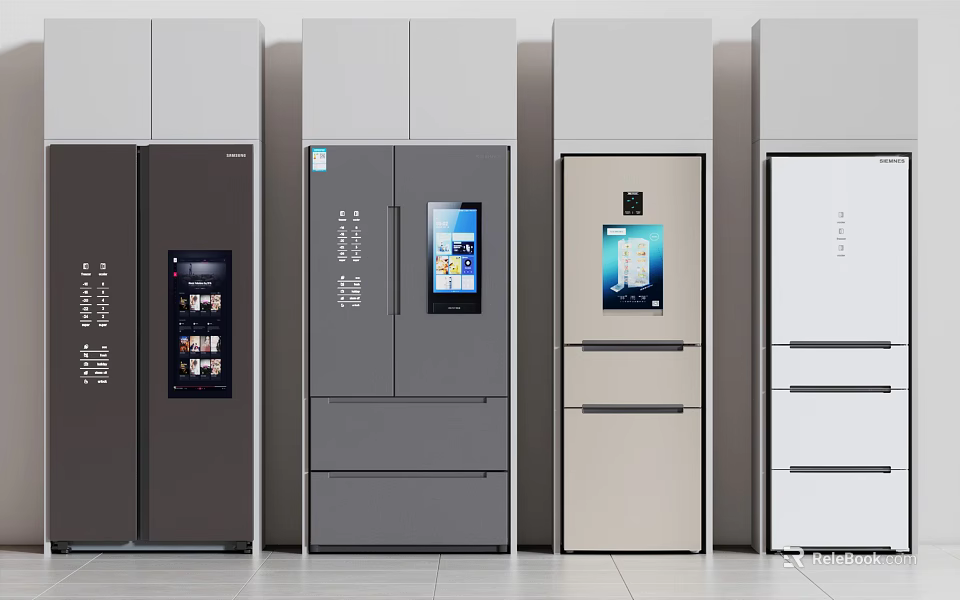 Modern Refrigerators With Various Door Designs Smart Screens And Neutral Color Finishes 3d model 