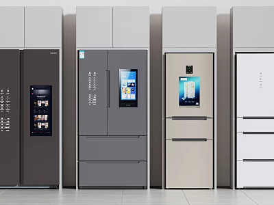 Modern Refrigerators With Various Door Designs Smart Screens And Neutral Color Finishes 3d model