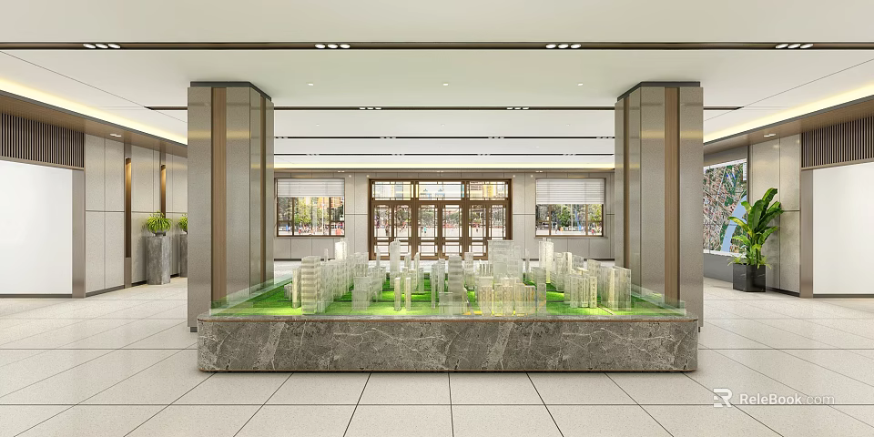 Architecture Models Display On Green Platform In Modern Lobby With Columns And Windows 3d model 