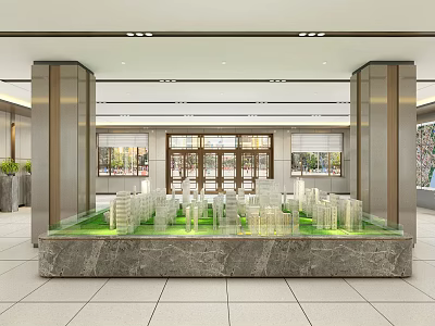 Architecture Models Display On Green Platform In Modern Lobby With Columns And Windows 3d model