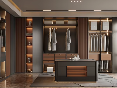 Modern Walk in Closet with Hanging Clothes Wooden Shelves Drawers and Central Table Lighting 3d model