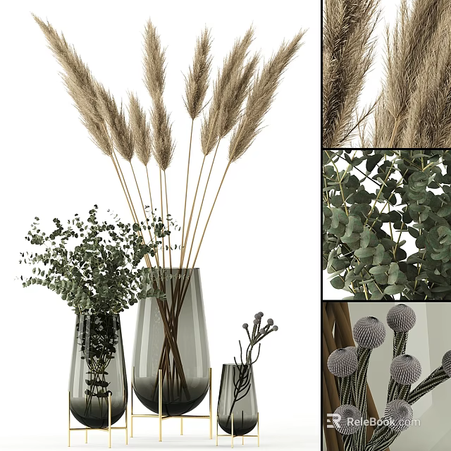 Decorative Ornament Set With Pampas Grass Eucalyptus Leaves And Glass Vases For Home Decor 3d model 