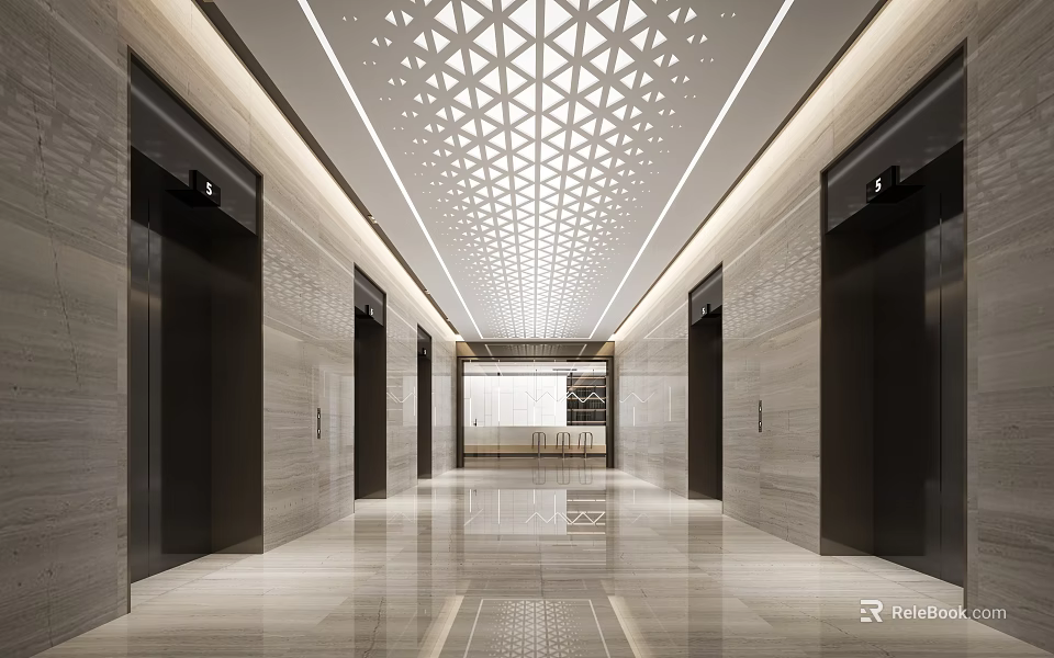 Modern Luxurious Elevator Lobby Interior With Geometric Ceiling And Marble Floor 3d model 