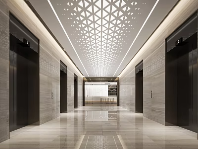 Modern Luxurious Elevator Lobby Interior With Geometric Ceiling And Marble Floor 3d model