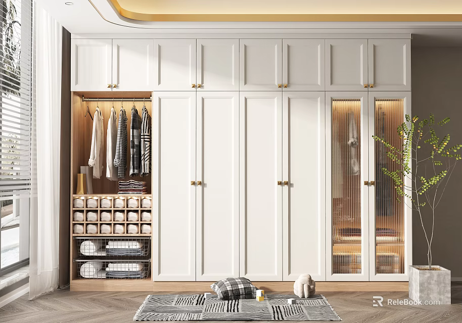 Modern White Wardrobe With Glass Doors Gold Handles And Hanging Clothes Storage 3d model 