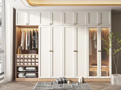 Modern White Wardrobe With Glass Doors Gold Handles And Hanging Clothes Storage 3d model