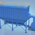Blue Industrial Baghouse Dust Collector With Yellow Safety Railings And Fan Unit