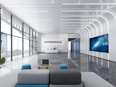 Modern Spacious Front Desk Reception Area With Glass Curtain Walls Large Screen And Comfortable Sofas 3d model