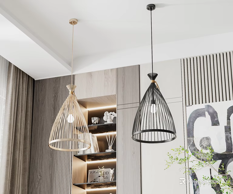 Modern Wicker and Black Metal Pendant Lights in Stylish Interior with Wooden Shelves and Art 3d model 