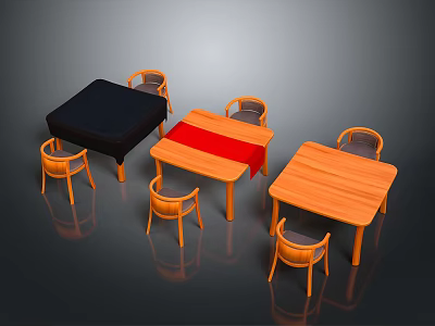 Modern Dining Table Set with Three Tables Black Red Wooden Tabletops and Two Chairs Each 3d model