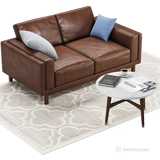 Brown Leather Sofa With Gray Blue Pillows And Marble Coffee Table On Patterned Rug 3d model