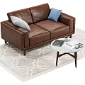 Brown Leather Sofa With Gray Blue Pillows And Marble Coffee Table On Patterned Rug 3d model