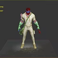 Male Game Movie Character in White Outfit With Orange Sleeves Carrying Bag and Holding Weapon