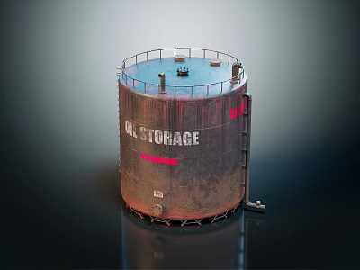 Industrial Oil Storage Tank With Circular Top Platform And Railings Labeled Exterior And Metal Construction 3d model