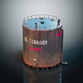 Industrial Oil Storage Tank With Circular Top Platform And Railings Labeled Exterior And Metal Construction