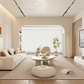 Bright Modern Living Room With White Sofa Round Pouf Coffee Table Green Plants And Paintings