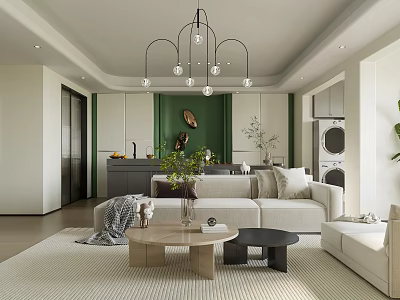 Modern Living Dining Room Interior Design With Sofa Coffee Table Green Wall And Chandelier 3d model