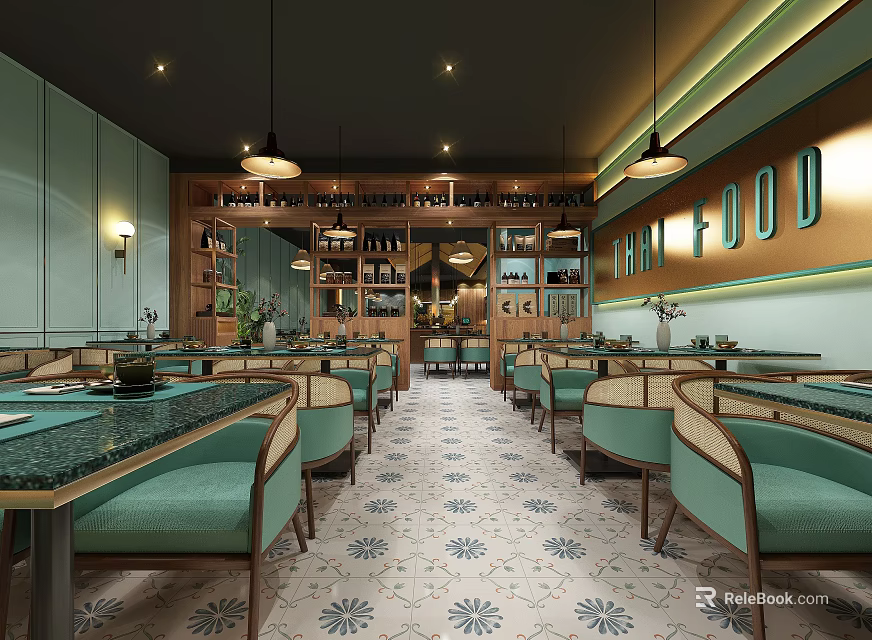 Modern Restaurant Interior With Teal Chairs Tables Pendant Lights And Patterned Floor 3d model 