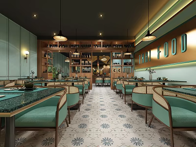 Modern Restaurant Interior With Teal Chairs Tables Pendant Lights And Patterned Floor 3d model