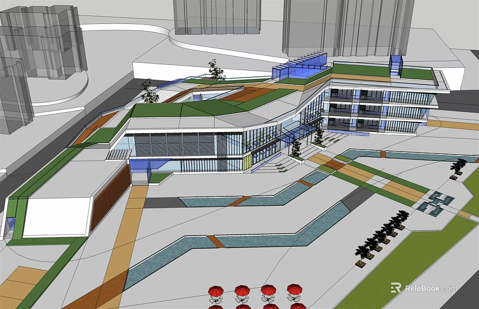 Modern Urban Architectural Design With Green Roof Open Plaza And Glass Facade 3d model 