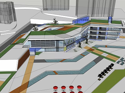 Modern Urban Architectural Design With Green Roof Open Plaza And Glass Facade 3d model