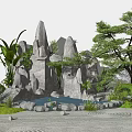 Natural Garden Ornament With Rockery Pine Tree Green Plants And Stone Paving