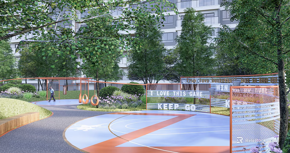 Residential Landscape in Residential Area with Trees Greenery Basketball Court Pathway and Motivational Signboards 3d model 
