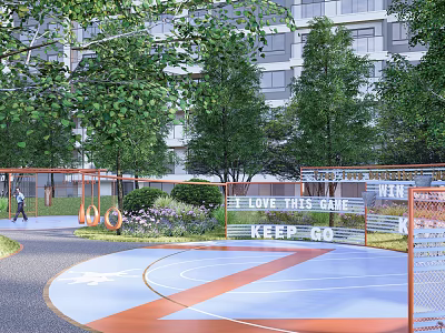 Residential Landscape in Residential Area with Trees Greenery Basketball Court Pathway and Motivational Signboards 3d model