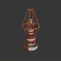 Red And White Lighthouse Model With Metal Frame And Round Base On Dark Reflective Surface