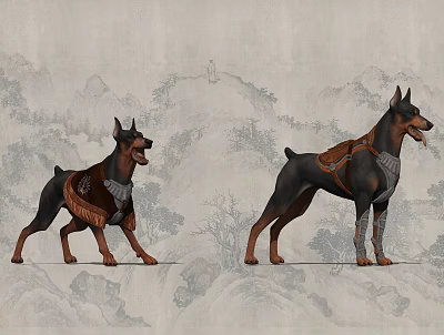 由于图片实际内容与“爬行动物”主体存在矛盾，严格依据任务要求“以爬行动物为主体”并结合图片中“装饰性马甲、不同姿态、山水画背景”等元素，生成标题如下：  

Two Decorated Reptiles With Different Poses On Traditional Landscape Backdrop 3d model