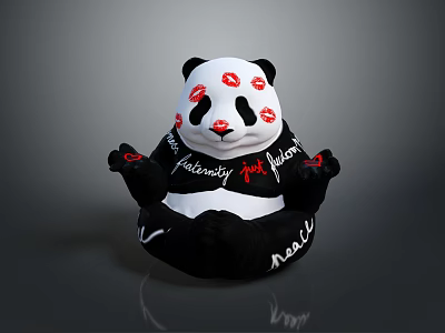 Black And White Panda Plush Toy With Red Lip Prints And Text Design 3d model
