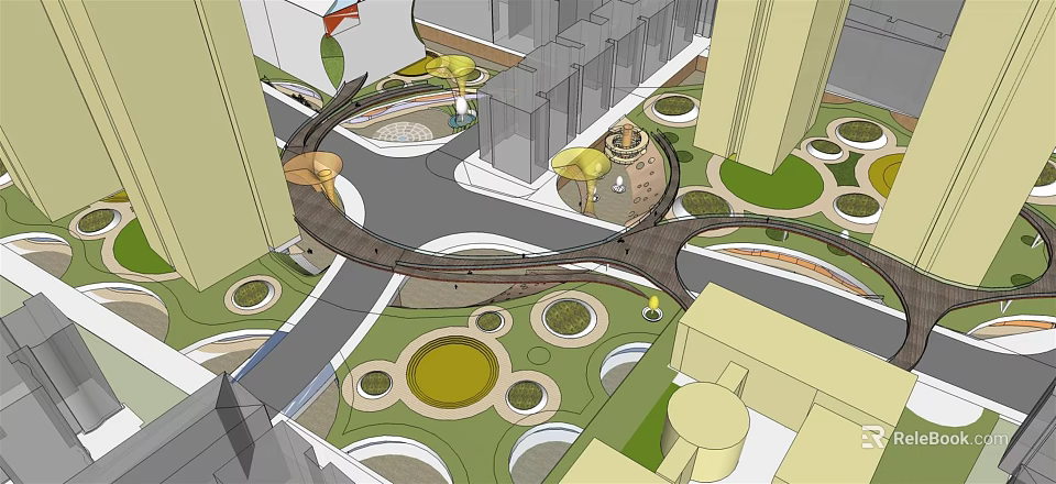 Modern Office Building Surrounded by Landscape Plaza With Greenery and Circular Elements 3d model