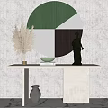 Modern Console Table With Round Mirror Statue And Dried Pampas Grass On Grid Wall 3d model